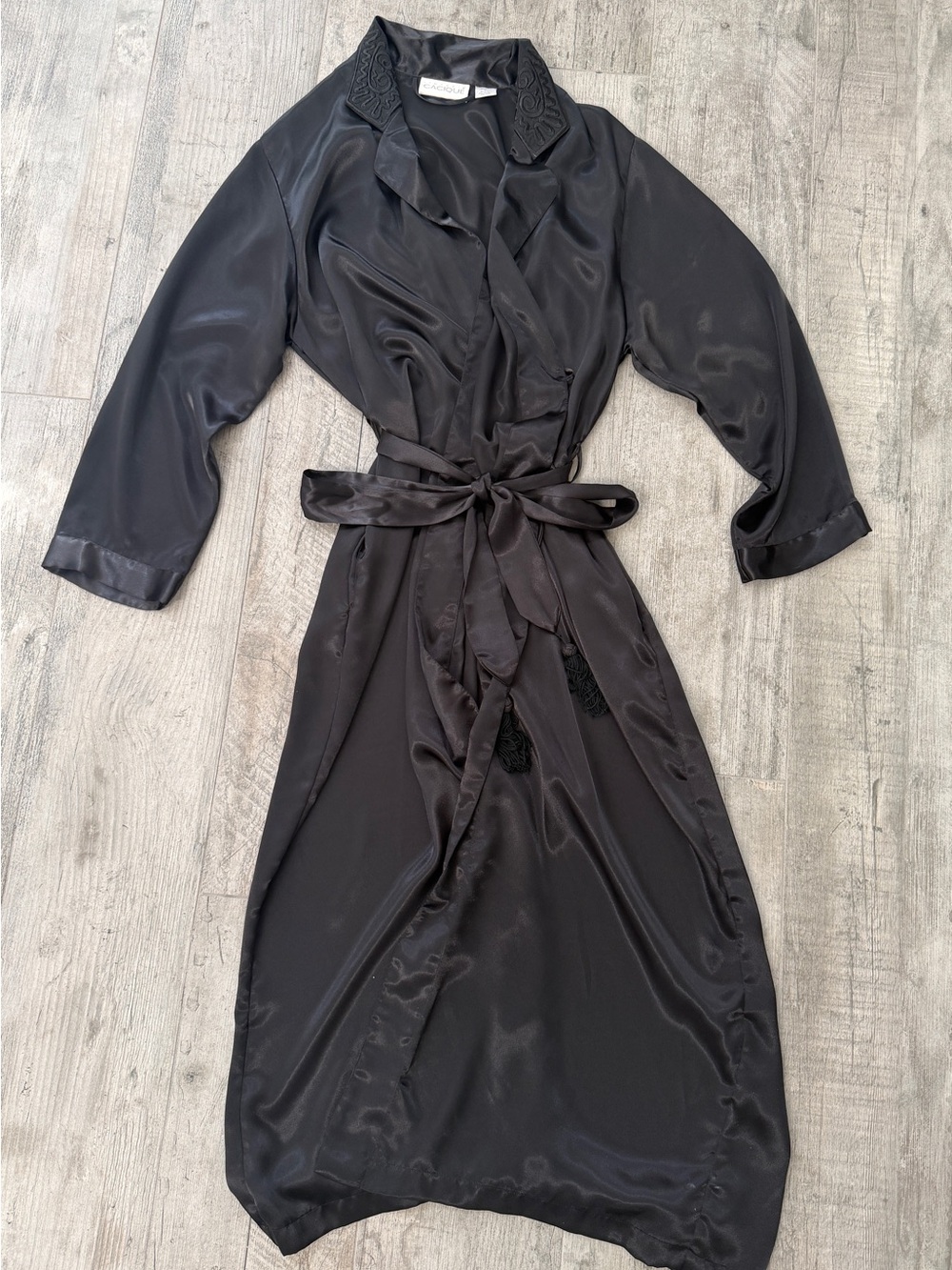 Cacique Vintage Black Satin Robe with Embroideried collar and Tassel Tie Belt